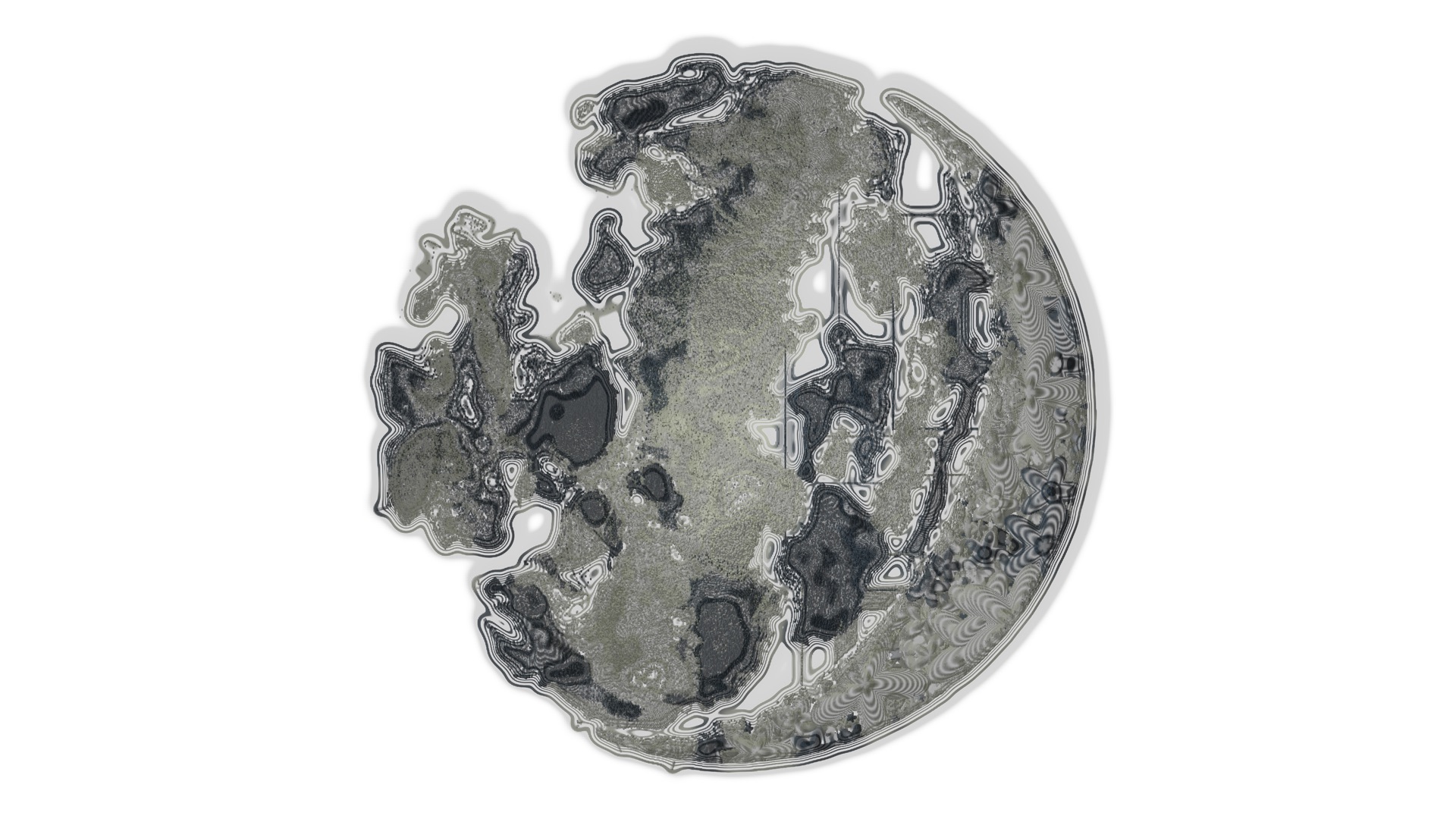 Dark Side of the Moon: an eroded lunar disc drawn in olive and charcoal contour lines on a pale ground