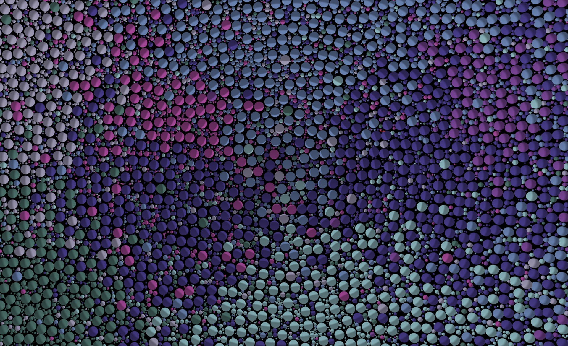 Violet spheres: thousands of violet, pink and blue-green discs stacked into a mosaic, from the largest to the finest