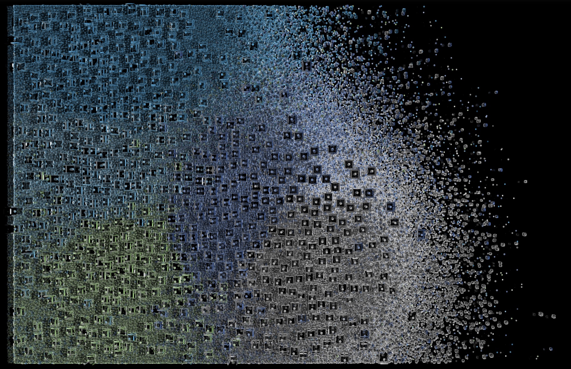 Square Explosion: a dense weave of small blue and olive squares dissolving rightwards into a dust of points