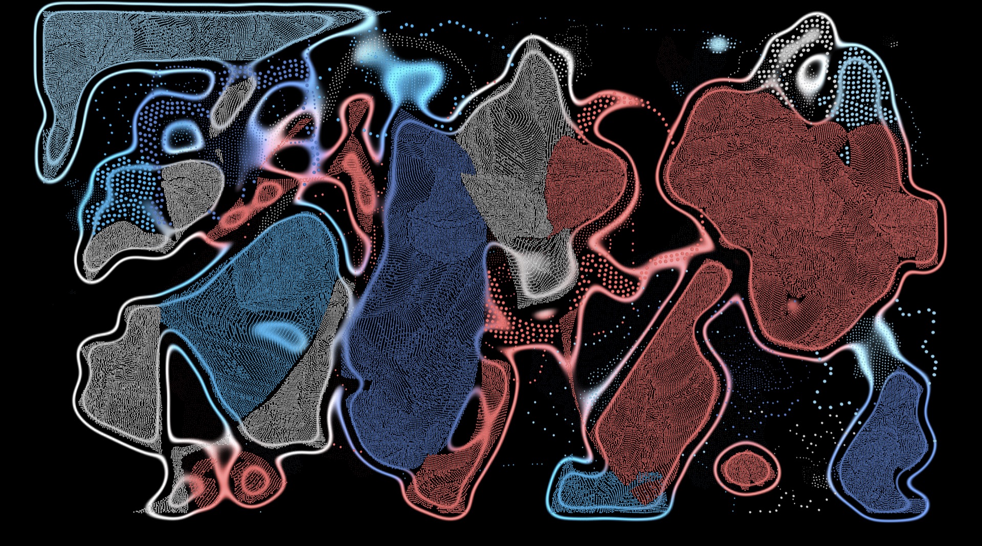 Three Lone Dancer: stippled masses in blue, grey and brick red brushing past each other on black, like bodies caught mid-movement